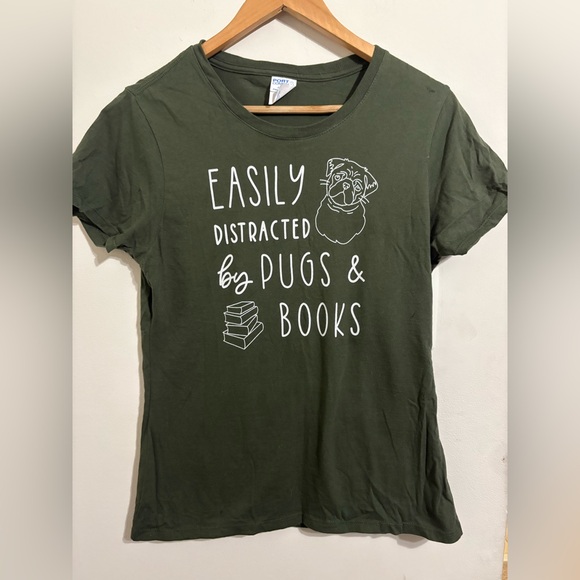 Green Pugs and Books Tshirt Pug Dog Lover Tshirt - Picture 1 of 5